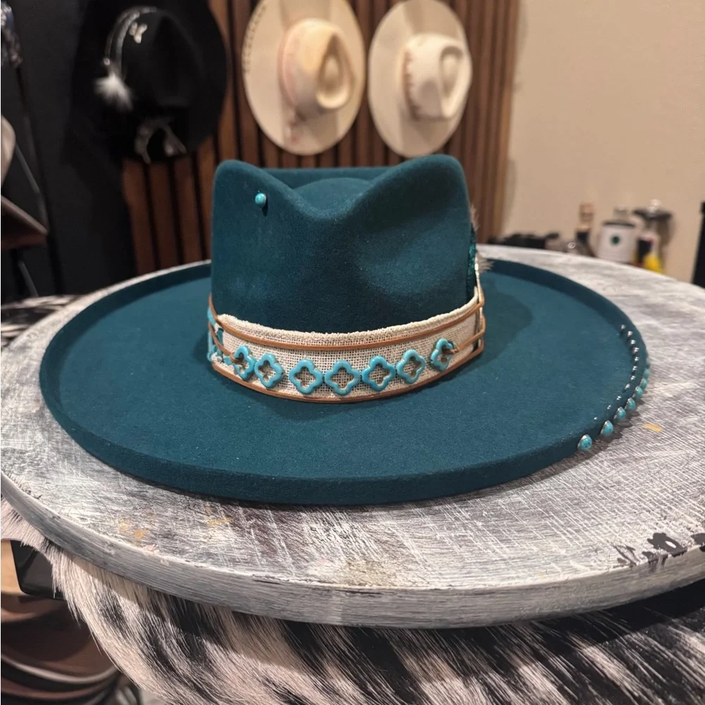 SOLD Teal Western Hat with Feather and Beaded Band - Picture 2 of 5